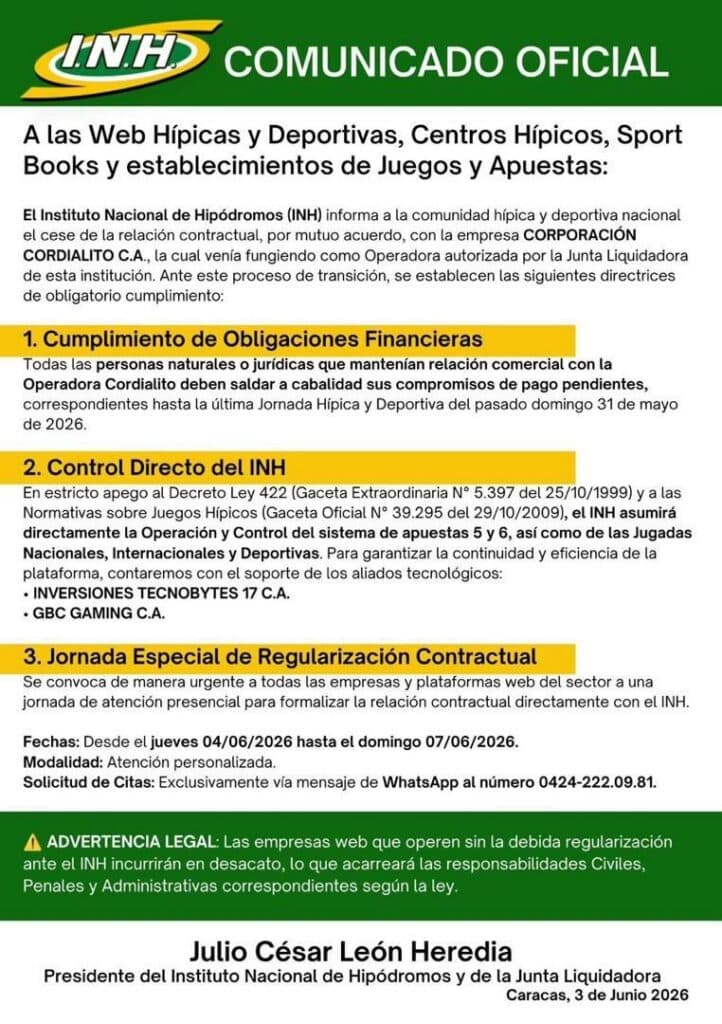La Corporación Cordialito deja de operar el sistema de apuestas del INH