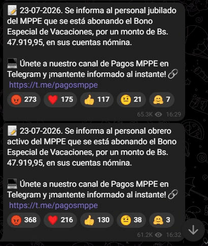 Se inicia el pago del bono especial de vacaciones para jubilados y obreros del Ministerio de Educación
